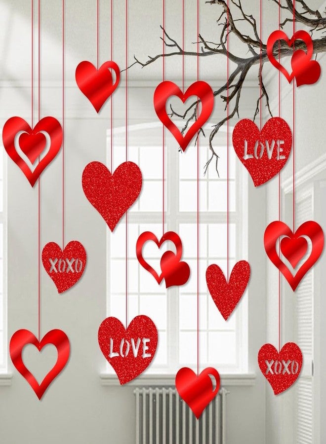 Litmitfu 16 Pack Valentines Hanging Decorations-Valentine Heart Decor, Glitter Valentine Love Hanging Ornaments with Red Ribbons for Valentines Party Indoor Home Office Classroom Decoration Favors - Image 1